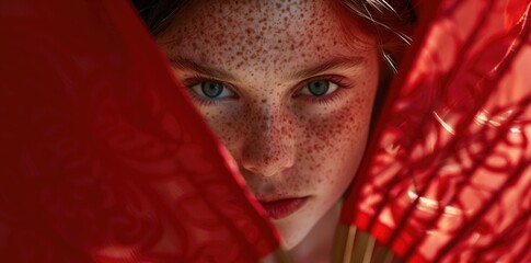 Wall Mural - A young woman with freckles on her face peeks out from behind red fabric.