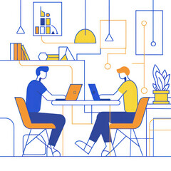 Fototapete - line art vector illustration of two people working on laptops in an office