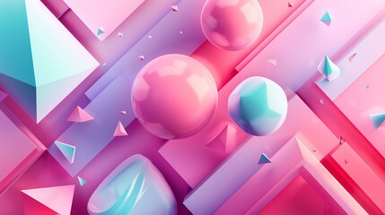 Wall Mural - This is a 3D rendering of geometric shapes in various pastel colors. The shapes appear to be floating in a pink and blue space.