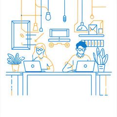 Fototapete - line art vector illustration of two people working on laptops in an office