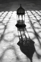 Poster - Minimalist photo of a traditional Islamic lantern casting intricate shadows on a plain surface,