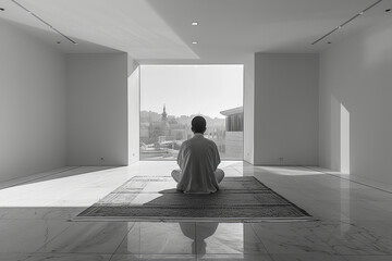 Fototapete - Simple shot of a Muslim man praying on a plain, white prayer mat in a minimalist room,