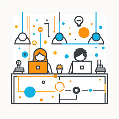 Fototapete - line art vector illustration of two people working on laptops in an office