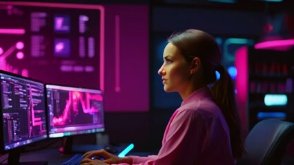 A young woman is sitting in a dark room looking at computer screens with pink and purple lights reflecting on her face.