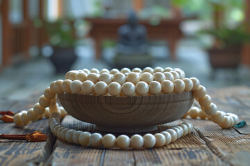 Aufkleber - Simple photo of prayer beads (mala) arranged neatly on a smooth wooden surface,
