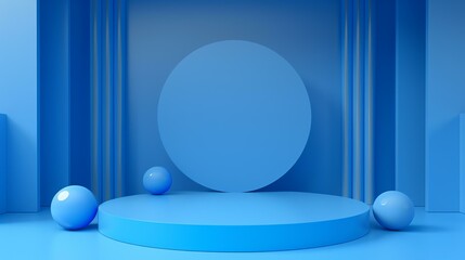 Wall Mural - 3D rendering of a blue podium with a large blue sphere in the background. There are also three smaller blue spheres on the podium.