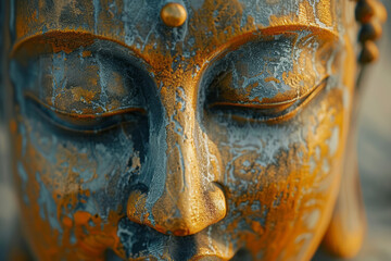 Fototapete - Minimalist image of a golden Buddha statue's face, set against a plain backdrop.