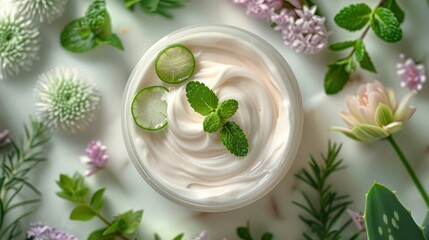 A soothing skincare cream surrounded by natural elements like flowers and lime slices, likely symbolizing organic and fresh beauty products