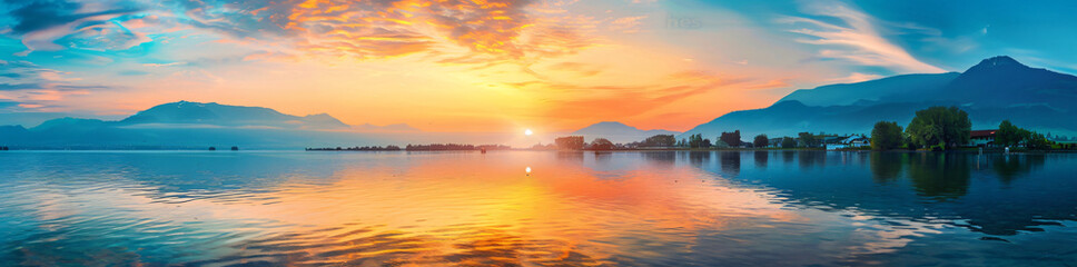 Poster - panoramic view of colorful sunset over calm sea lake with mountain range background


