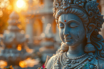 Aufkleber - Elegant image of a serene Hindu temple at dawn, with soft lighting illuminating intricate details,
