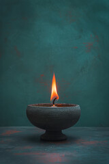 Poster - Minimalist photo of a single diya (oil lamp) lit against a plain background,