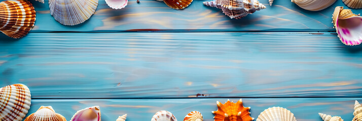Wall Mural - Many beautiful colorful exotic seashells with selective focus on blue wooden textured background Summer vacation backdrop with colorful tropical sea shells Beautiful summer flatlay with set of shell