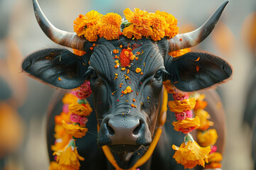 Poster - Simple depiction of a sacred cow with subtle decorations, against a clean backdrop,
