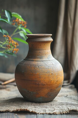 Wall Mural - Simple photo of a folklore-inspired clay pot, set against a clean backdrop,