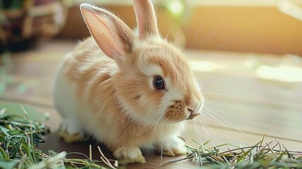 A cute fluffy brown rabbit is captured sitting calmly and eating grass, with a warm, tender feel to the image