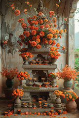 Wall Mural - Elegant shot of a traditional folklore altar, arranged with minimalist decor,