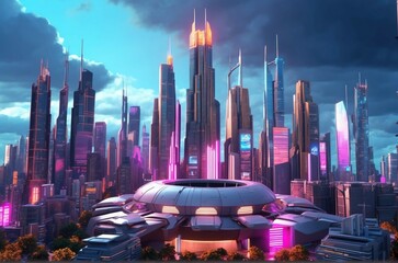 futuristic city skyscrapers of the future wallpaper background