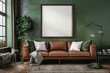 © Georgii - Modern living room with green walls and brown leather sofa featuring minimalistic decor