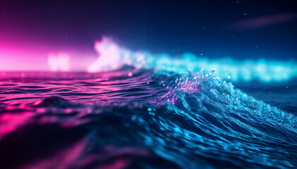 Neon waves. Ocean neon glow. Coastal waves at night