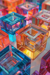 Poster - Dynamic pattern of bright squares creating the visual illusion of a 3D cube, against a white backdrop,