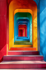 Poster - Bold interlocking shapes in contrasting colors creating the illusion of continuous movement on a bright surface,