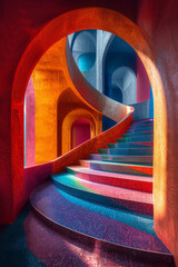 Poster - Bold image of a grid that bends and twists, using bright colors to enhance the visual illusion of a 3D landscape,