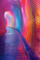 Poster - Bold image of a grid that bends and twists, using bright colors to enhance the visual illusion of a 3D landscape,