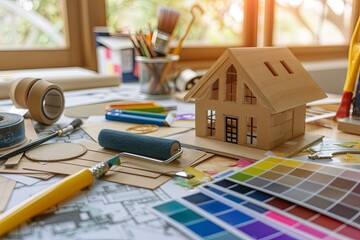 Poster - A close-up of a desk with a model house, paint rollers, brushes, masking tape, and color swatches. These items are tools commonly used for home improvement projects. Generative AI