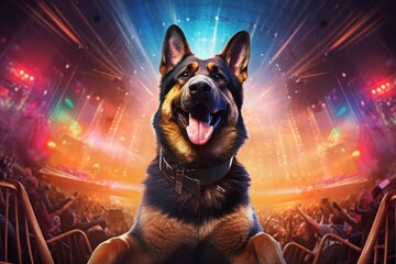 Wall Mural - Portrait of a smiling german shepherd isolated in lively concert stage