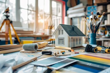 Poster - A workspace with a model house, paint rollers, brushes, color swatches, and other tools for interior design. Generative AI
