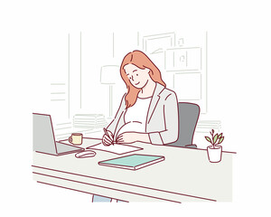 Wall Mural - pregnant woman working in office. hand drawn style vector design illustrations.