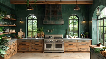 Wall Mural - Contemporary kitchen with a combination of rustic wooden cabinets and modern appliances set against a green wall interior design concept. 