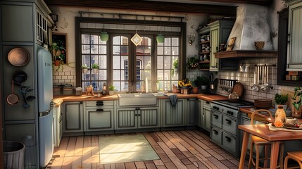 Wall Mural - A cozy vintage kitchen bathed in natural light with classic appliances and wooden furniture creates a welcoming interior scene.