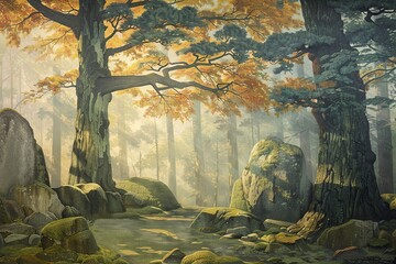 Wall Mural - An evocative painting of a misty forest in Nikko, with ancient cedar trees and moss-covered stones. The stucco mural