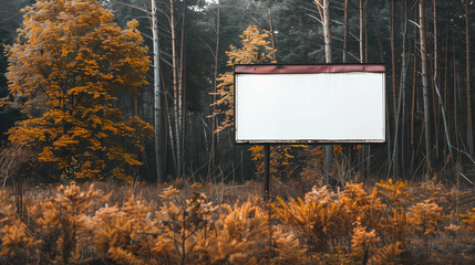 Blank white mock up large billboard sign autumn trees  landscape advertising board template marketing scenic rustic signage rural countryside landscape empty design promotional thanksgiving advert  