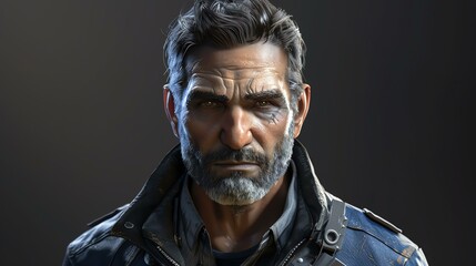 A rugged, middle-aged man with gray hair and a beard stares into the camera with a serious expression. He is wearing a black leather jacket.