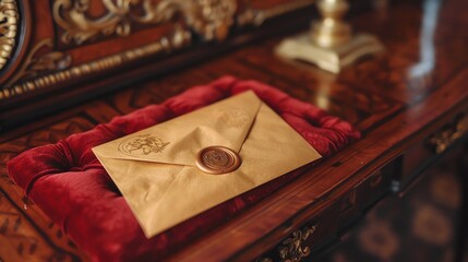 Wall Mural - A vintage sealed letter with a wax seal sits on a red velvet surface.