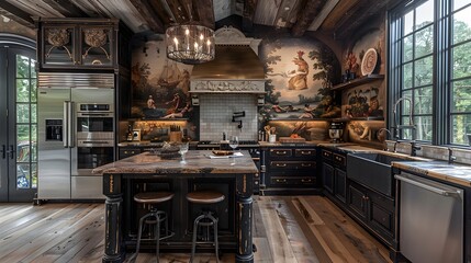 A luxurious kitchen with dark wood cabinetry, an elaborate mural, and modern appliances illuminated by a chandelier and natural light. 