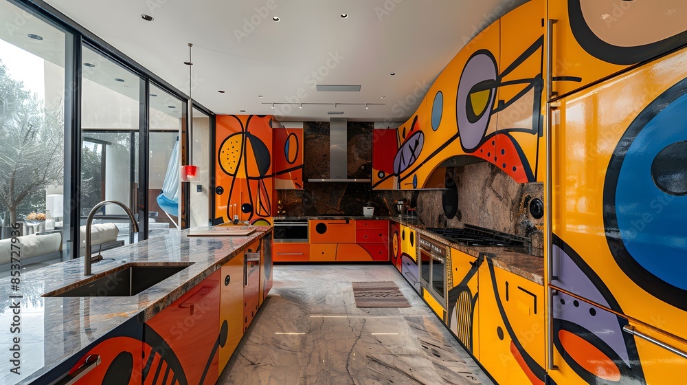 A modern kitchen with vibrant orange and abstract art style cabinets ...
