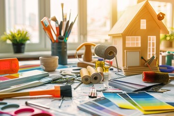 Poster - A desk in a hardware store is covered with house painting supplies, including paint rollers, brushes, and paint color swatches. Generative AI