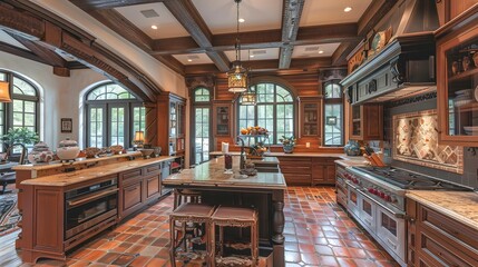 Wall Mural - Elegant and spacious kitchen interior with wooden cabinets and terracotta floor tiles in a luxury home 