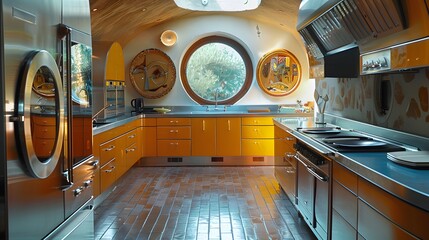 Wall Mural - Bright and eclectic kitchen interior with terracotta floor tiles, round windows, and vibrant orange cabinetry. 