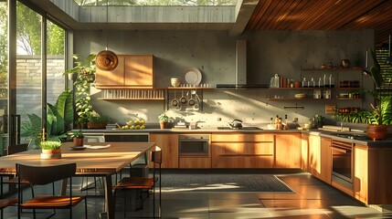 Wall Mural - A modern kitchen interior design with sunlight streaming in, featuring wooden cabinets and a cozy dining area 