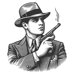 Wall Mural - vintage gangster wearing a suit and hat, holding a smoking gun sketch engraving generative ai fictional character raster illustration. Scratch board imitation. Black and white image.