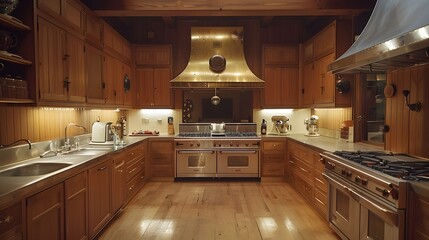 Wall Mural - Traditional wooden kitchen interior with stainless steel appliances and a large golden hood.