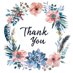 Wall Mural - Thank you card in a bohemian wreath with succulents, feathers and wildflowers on a white background