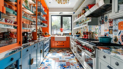 Bright and colorful modern kitchen interior with vibrant decor and stylish fittings 
