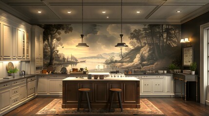 Wall Mural - Luxurious kitchen interior design with a classic wall mural landscape view and elegant lighting fixtures.