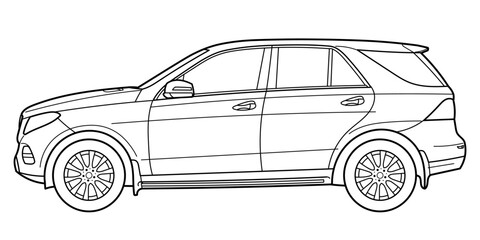 Classic luxury suv car. Crossover car side view shot. Outline doodle vector illustration. Design for print, coloring book