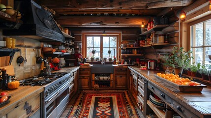 Wall Mural - Cozy rustic kitchen interior with wooden finishes and a warm autumnal feel 